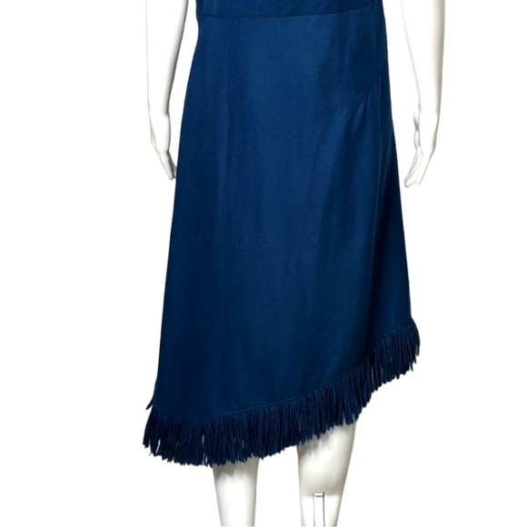 FERRAGAMO Cashmere Wool Asymmetric Fringed Midi Dress Navy Blue NWT - Picture 11 of 11